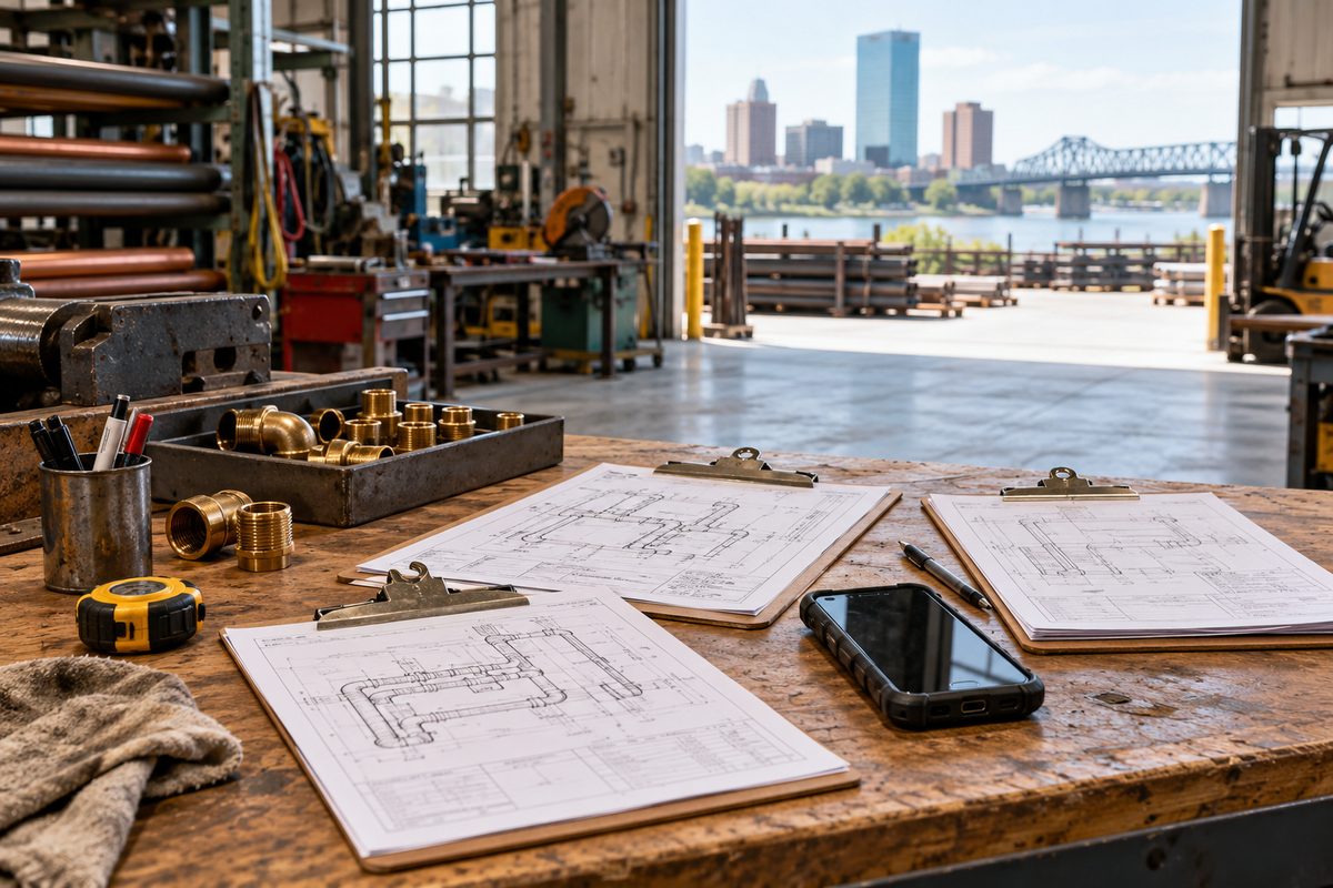 Workshop dispatch desk with job specification clipboards, brass fittings, and measuring tools.