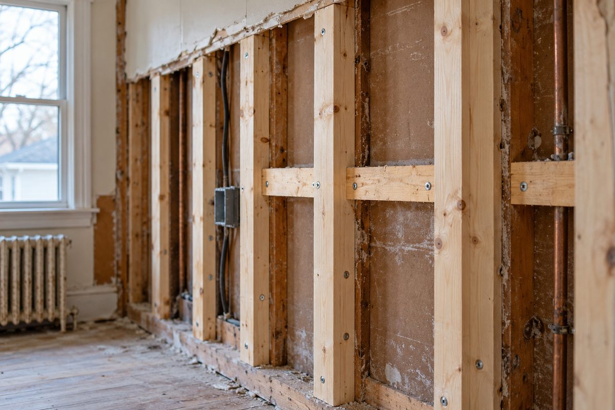 Wall framing studs with sistered timber backing cleats prepared for new gypsum board installation.