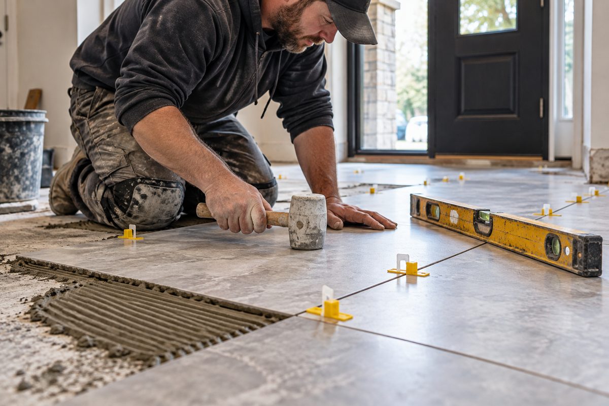 Porcelain floor tile leveled into fresh mortar bed with leveling spacers and mallet.