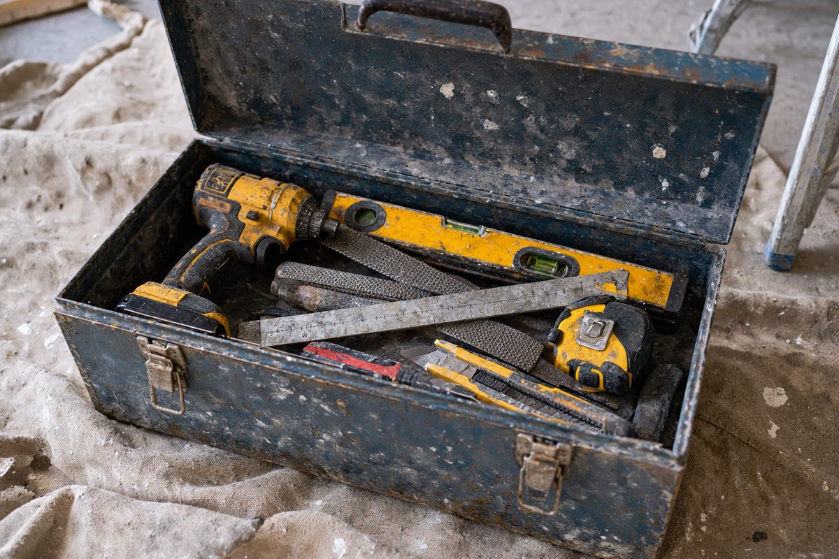 Handyman steel tool box with measuring tools, levels, and drivers on jobsite drop cloth.
