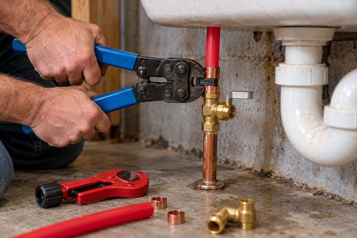 PEX crimp tool connecting brass isolation valve under residential sink plumbing.