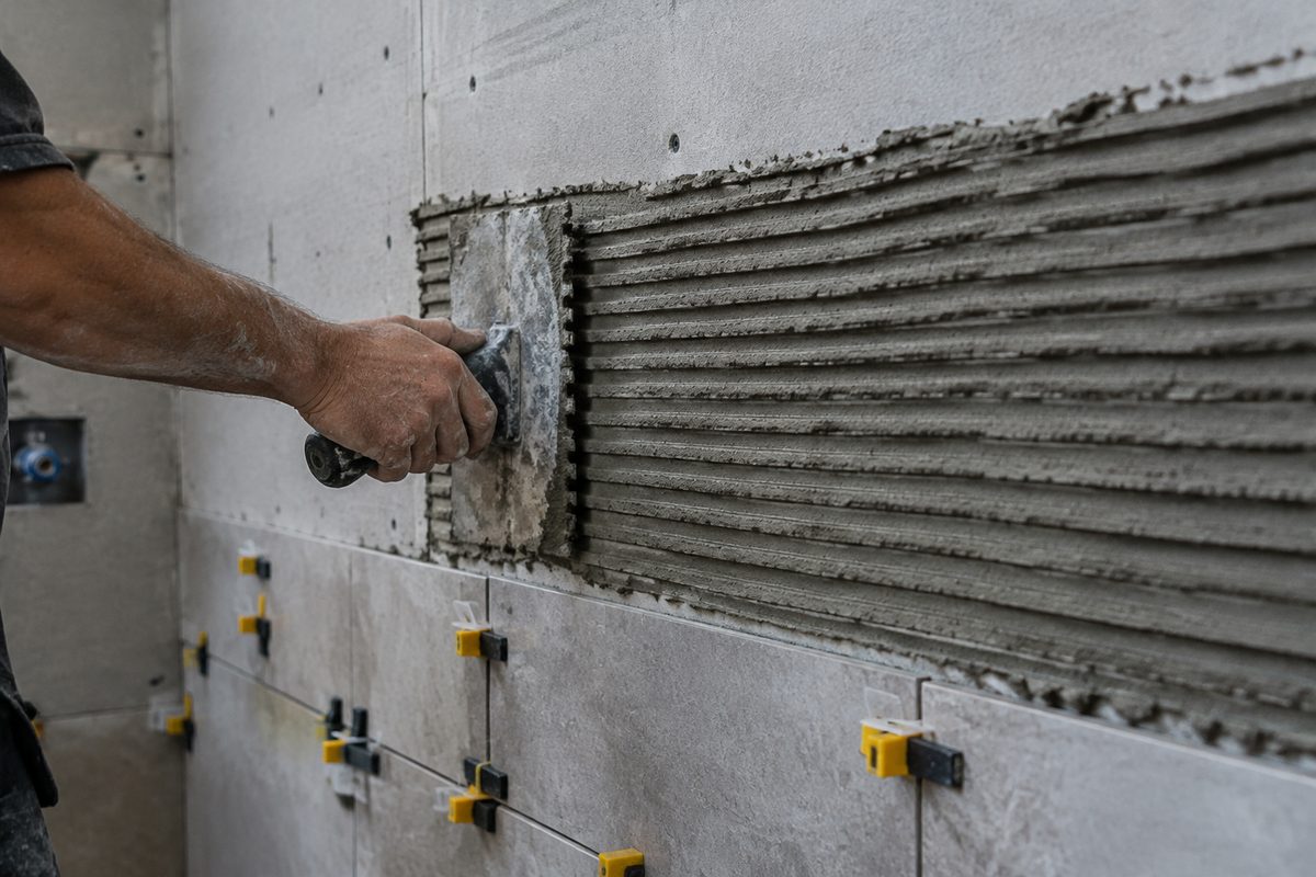 Notched trowel creating uniform mortar ridges across cement backer board for wall tile.