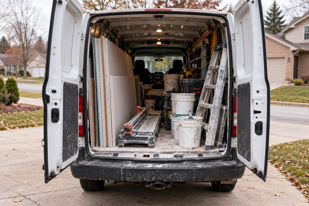 Work van loaded with drywall sheets, compound buckets, and trade tools on job site driveway.