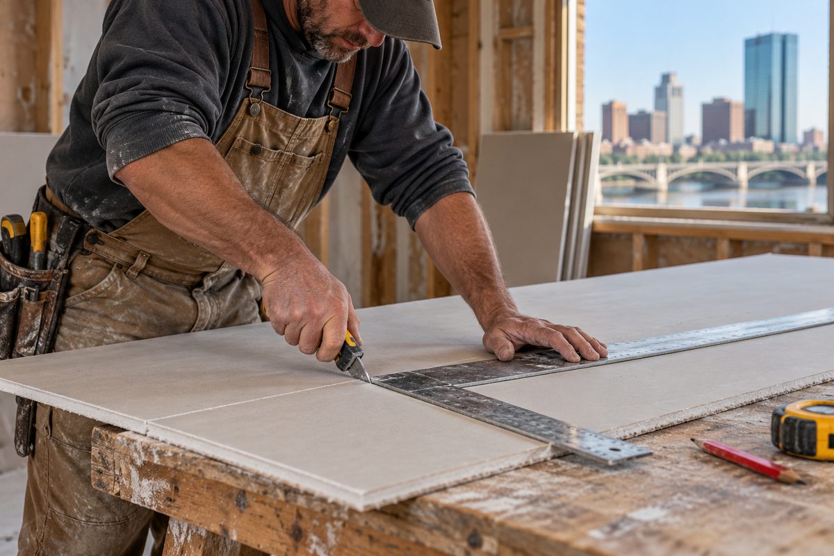 Scoring a drywall sheet with utility knife along a steel T-square on work bench.